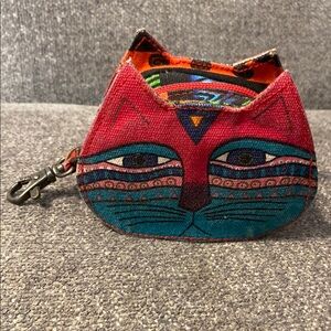 Laurel Burch colorful fabric coin purse shaped like a cat face